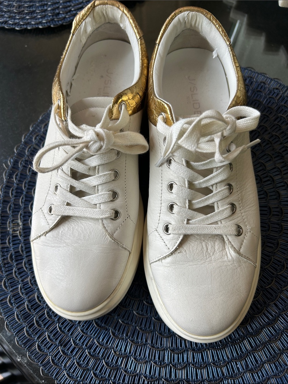 J Slides White Leather Sneakers with Gold Heel Accent